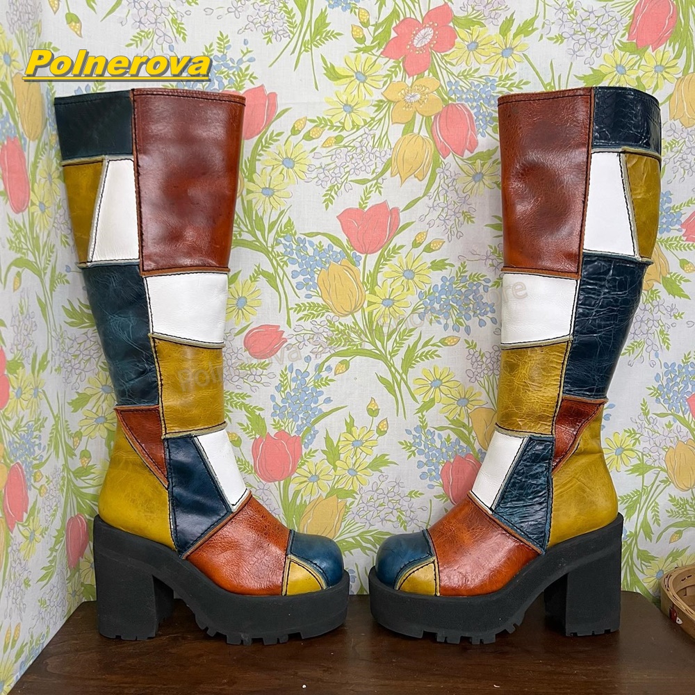 Vintage And Modern Fashion - Women Retro Patchwork Leather Knee High